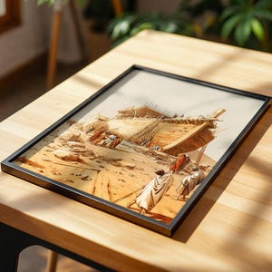 May include: A framed rectangular print featuring a detailed illustration of a large wooden ship under construction in a desert landscape. Several figures wearing draped robes walk across the sandy terrain toward the vessel, which is surrounded by scaffolding and wooden beams under a bright, clear sky.