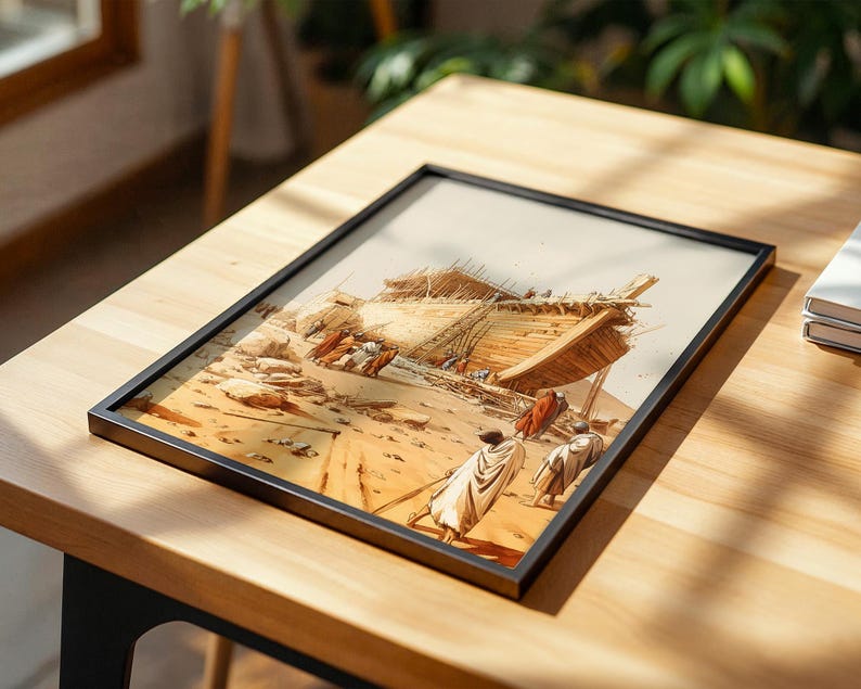 May include: A framed rectangular print featuring a detailed illustration of a large wooden ship under construction in a desert landscape. Several figures wearing draped robes walk across the sandy terrain toward the vessel, which is surrounded by scaffolding and wooden beams under a bright, clear sky.