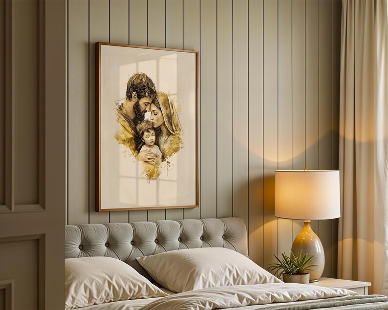May include: A framed wall art print featuring a watercolor-style illustration of a family of three in shades of brown, gold, and cream. The artwork depicts a man, a woman, and a child in a close embrace, set against a light, neutral background.