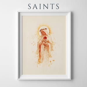 K&ouml;nnte beinhalten: Ein gerahmter Kunstdruck mit dem Wort SAINTS am oberen Rand. Die Illustration zeigt eine Figur in einem wei&szlig;en Gewand mit Dornenkrone und Heiligenschein, die eine rote Rose h&auml;lt. Das Bild ist im Aquarellstil mit warmen Farbt&ouml;nen gehalten.