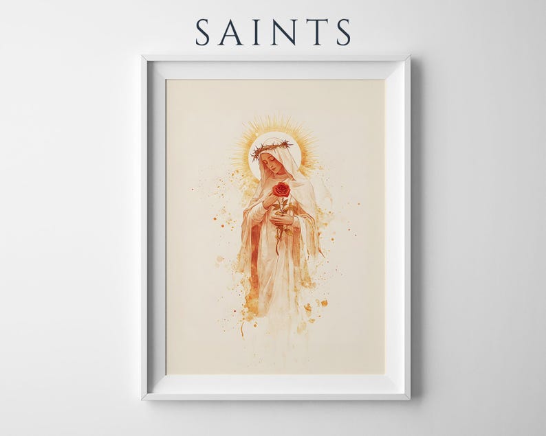 K&ouml;nnte beinhalten: Ein gerahmter Kunstdruck mit dem Wort SAINTS am oberen Rand. Die Illustration zeigt eine Figur in einem wei&szlig;en Gewand mit Dornenkrone und Heiligenschein, die eine rote Rose h&auml;lt. Das Bild ist im Aquarellstil mit warmen Farbt&ouml;nen gehalten.