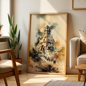 May include: A framed vertical wall art print featuring a watercolor-style illustration of a towering, multi-tiered ancient structure surrounded by rocky terrain and small figures, rendered in muted earth tones, grays, and soft golden highlights.