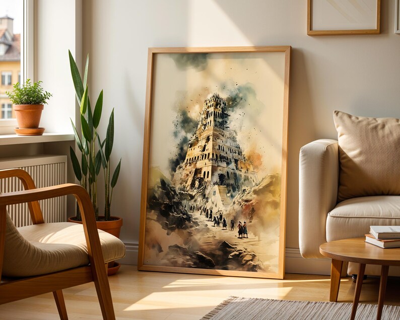 May include: A framed vertical wall art print featuring a watercolor-style illustration of a towering, multi-tiered ancient structure surrounded by rocky terrain and small figures, rendered in muted earth tones, grays, and soft golden highlights.