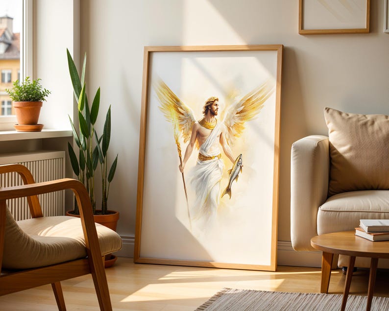 May include: A framed vertical wall art print featuring a male figure with large golden wings, wearing a white robe and a gold collar. The figure holds a long staff in one hand and a fish in the other, rendered in a soft, ethereal watercolour style.