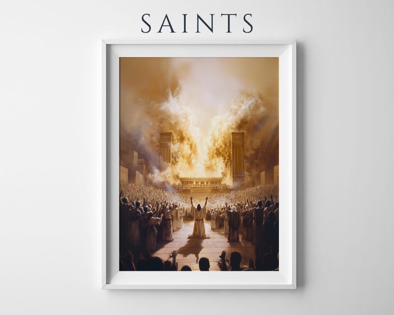 May include: A framed art print titled SAINTS featuring a sepia-toned illustration of a large crowd gathered before a glowing, fiery structure. A central figure stands with arms raised toward the light, surrounded by many people with hands lifted.