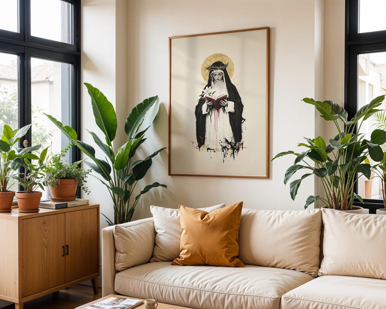 Inramad poster med akvarellmotiv från den heliga Katarina av Siena | Modern katolsk väggkonst bild 11