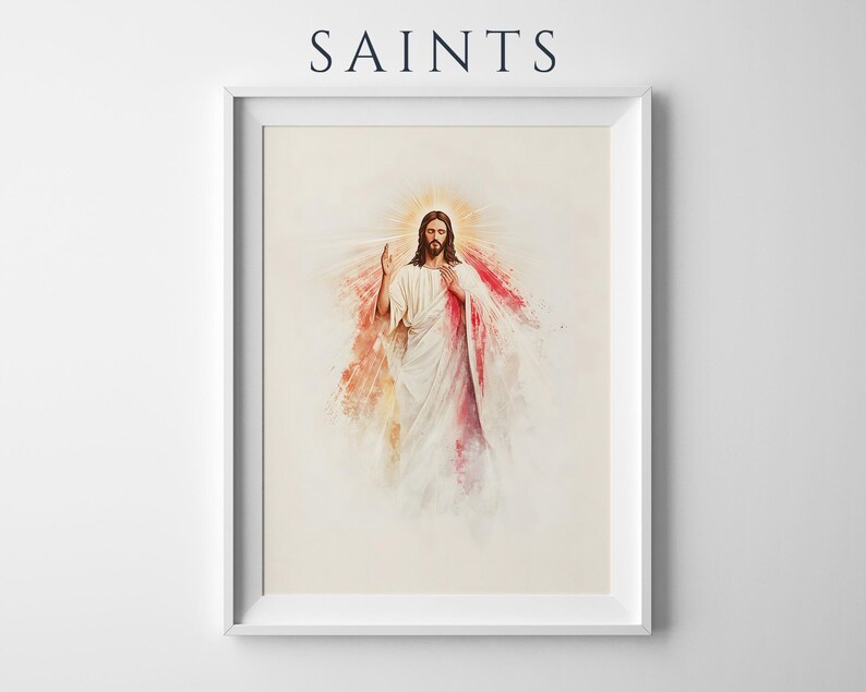 May include: A framed wall art print featuring the word SAINTS at the top. The artwork depicts a figure with long brown hair and a beard, wearing a white robe, with red and gold watercolor-style light rays emanating from behind the figure.