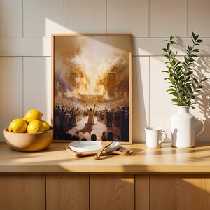 Puede incluir: Una impresi&oacute;n de arte mural rectangular enmarcada que representa a una gran multitud reunida ante una estructura brillante con luz dorada y humo, colocada sobre un mostrador de madera junto a un cuenco de madera con limones amarillos, platos blancos y un jarr&oacute;n blanco con hojas verdes.