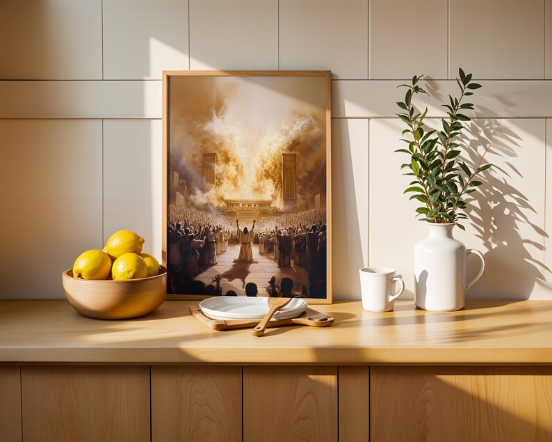 Puede incluir: Una impresi&oacute;n de arte mural rectangular enmarcada que representa a una gran multitud reunida ante una estructura brillante con luz dorada y humo, colocada sobre un mostrador de madera junto a un cuenco de madera con limones amarillos, platos blancos y un jarr&oacute;n blanco con hojas verdes.