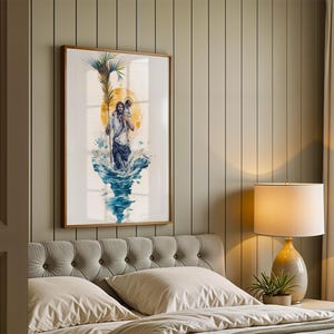 May include: A framed vertical wall art print featuring a watercolor illustration of a figure carrying a child on their shoulders while walking through blue water. The figure holds a tall palm frond, set against a large, glowing yellow sun background.