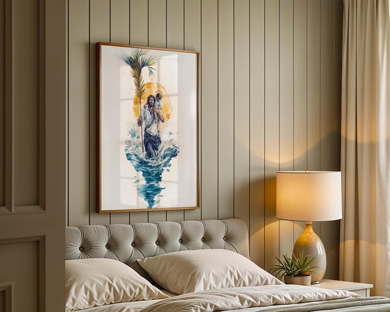 May include: A framed vertical wall art print featuring a watercolor illustration of a figure carrying a child on their shoulders while walking through blue water. The figure holds a tall palm frond, set against a large, glowing yellow sun background.