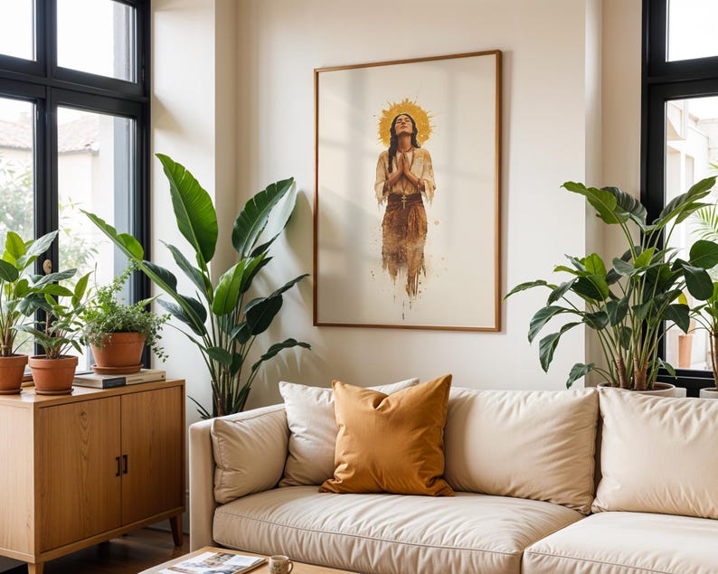 May include: A framed wall art print featuring a centred illustration of a person with long dark hair, eyes closed, and hands pressed together in prayer. The figure is surrounded by a golden halo effect against a cream background.
