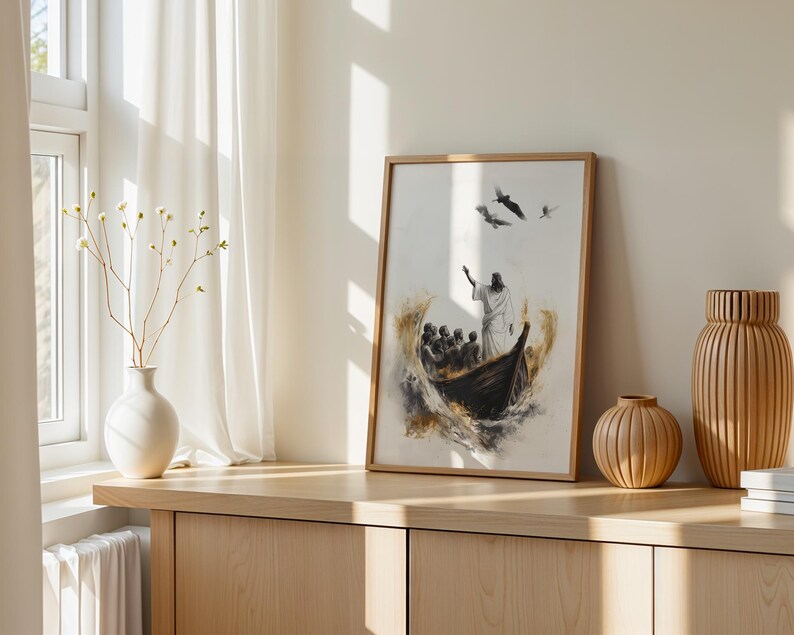 May include: A framed vertical art print depicting a figure in a white robe standing in a wooden boat with a group of people, surrounded by swirling dark and gold water, with three birds flying above against a white background.