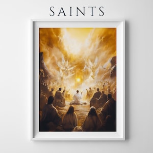 Peut inclure: Une impression d'art mural encadr&eacute;e intitul&eacute;e SAINTS, repr&eacute;sentant un groupe de personnes en robes rassembl&eacute;es en cercle, face &agrave; une lumi&egrave;re dor&eacute;e vive avec des figures ail&eacute;es s'&eacute;levant vers un centre brillant, dans des tons ambr&eacute;s et jaunes.