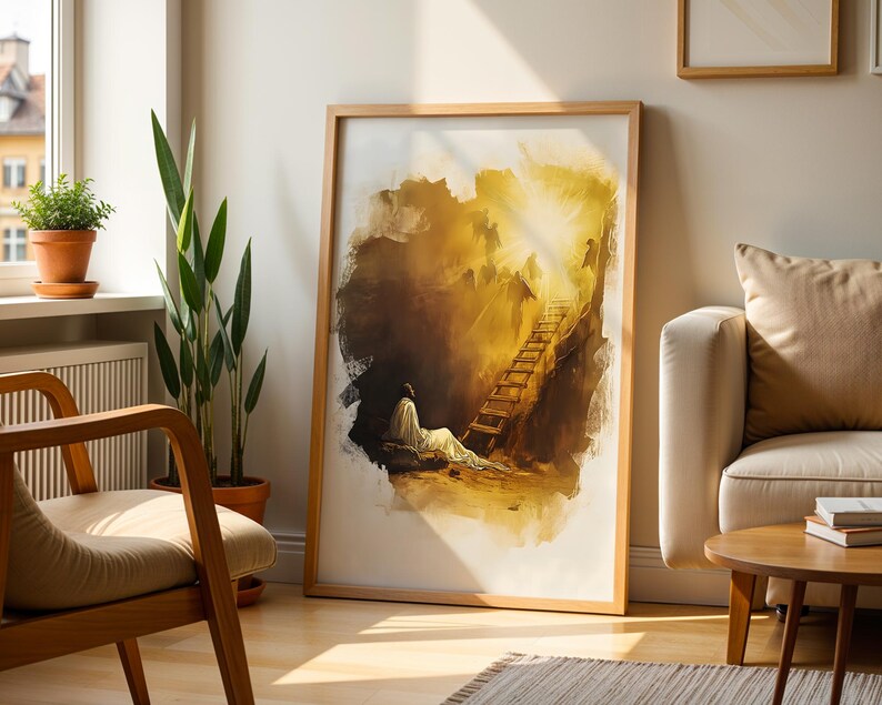 Inramad poster med Jakobs stege | Modern kristen väggkonst | Minimalistisk religiös heminredning bild 13
