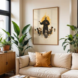 May include: A framed wall art print featuring a central figure in a dark robe with a glowing yellow halo, surrounded by several children and a dog. The illustration uses warm golden tones against a light background, presented in a thin frame.