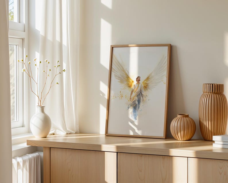 May include: A framed vertical wall art print featuring a watercolor-style illustration of a figure with large, expansive golden wings. The figure is depicted in a flowing white garment, with golden light radiating from the wings against a white background.