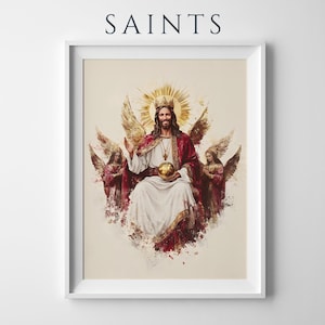 May include: A framed wall art print titled SAINTS featuring a central figure with a golden crown and halo, wearing a red and white robe, holding a golden orb, flanked by two winged angels in red garments, all set against a light cream background.