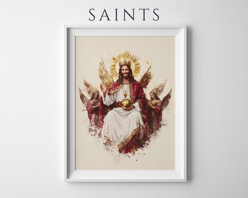 May include: A framed wall art print titled SAINTS featuring a central figure with a golden crown and halo, wearing a red and white robe, holding a golden orb, flanked by two winged angels in red garments, all set against a light cream background.