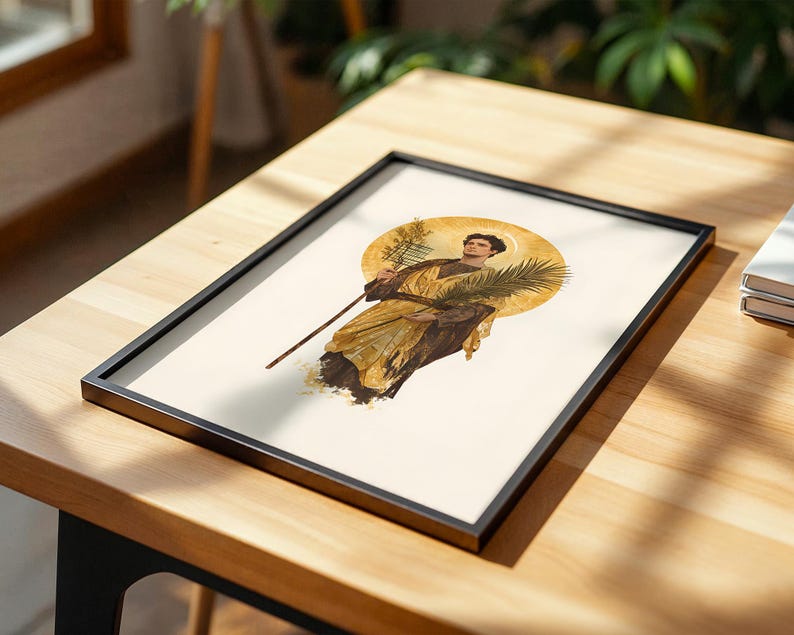 Saint Lawrence ingelijste poster | Minimalistische katholieke muurkunst | Houten lijst afbeelding 10