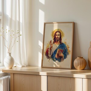 Art imprimable du Christ Pantocrator | Décoration murale catholique moderne à l'aquarelle image 2