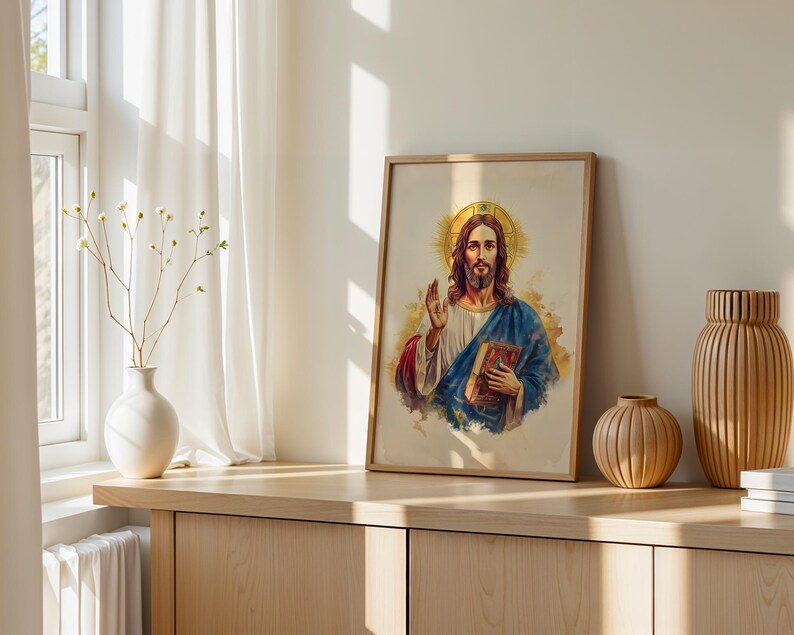 Art imprimable du Christ Pantocrator | Décoration murale catholique moderne à l'aquarelle image 2