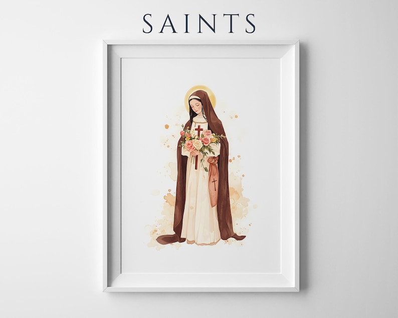 May include: A framed wall art print titled SAINTS featuring a watercolor illustration of a figure in a brown habit and white robe holding a bouquet of roses and a crucifix. The figure has a gold halo and stands against a light tan background.