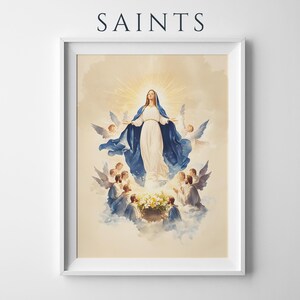 Póster enmarcado de la Dormición de la Virgen María / Arte mural católico minimalista imagen 1