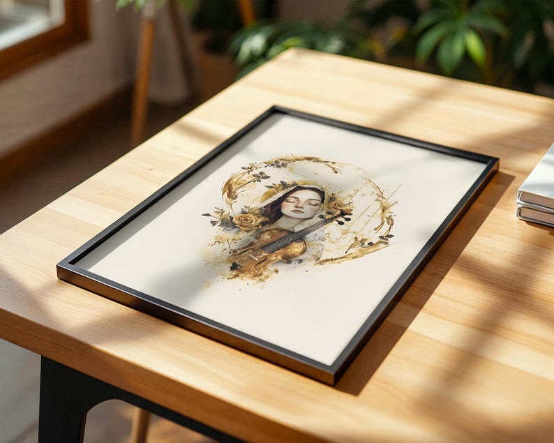 K&ouml;nnte beinhalten: Ein gerahmter Kunstdruck mit einer Illustration im Aquarellstil, die eine Person mit geschlossenen Augen zeigt, die eine Geige h&auml;lt, umgeben von goldenen floralen und kreisf&ouml;rmigen Akzenten auf cremefarbenem Grund.