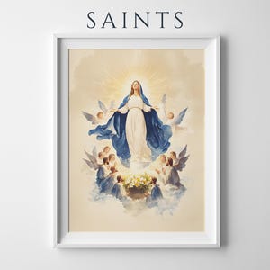 Arte para imprimir da Dormição da Virgem Maria | Decoração de parede católica em aquarela imagem 1