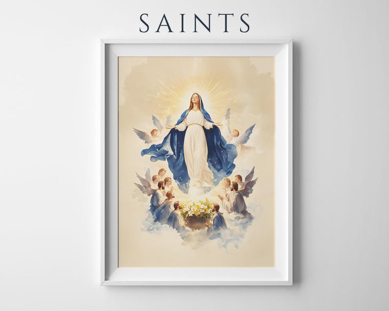 Arte para imprimir da Dormição da Virgem Maria | Decoração de parede católica em aquarela imagem 1