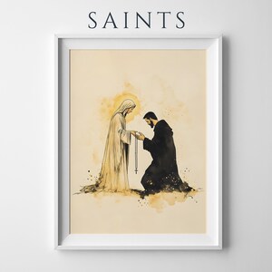 Our Lady Gives the Rosary to Saint Dominic Framed Poster | Minimalist Catholic Watercolor Wall Art image 1