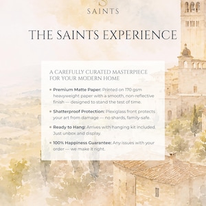Pu&ograve; includere: Una grafica promozionale per Saints con un paesaggio ad acquerello di una torre in pietra ed edifici. Il testo recita: THE SAINTS EXPERIENCE, A CAREFULLY CURATED MASTERPIECE FOR YOUR MODERN HOME, Premium Matte Paper: 170 gsm, Shatterproof Protection, Ready to Hang, 100% Happiness Guarantee.