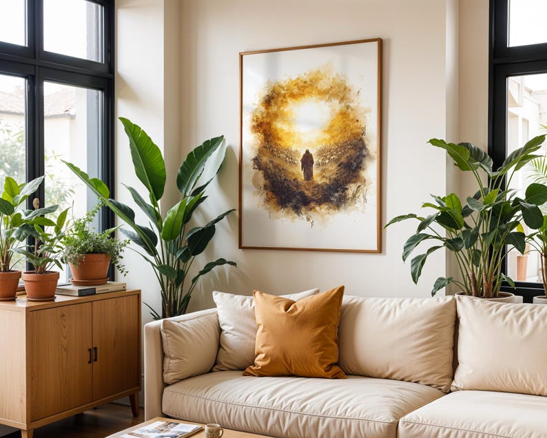 K&ouml;nnte beinhalten: Ein gerahmter Wandkunstdruck mit einer Illustration im Aquarellstil, die eine einsame Figur zeigt, die auf ein helles, leuchtendes goldenes Licht zugeht, umgeben von dunklen, strukturierten abstrakten Pinselstrichen in Braun- und Ockert&ouml;nen.