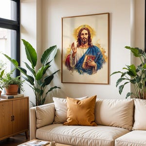 May include: A framed wall art print depicting a figure with long brown hair and a beard, wearing a white robe and a blue cloak, holding a book in one hand and raising the other in a gesture, set against a golden circular halo background.
