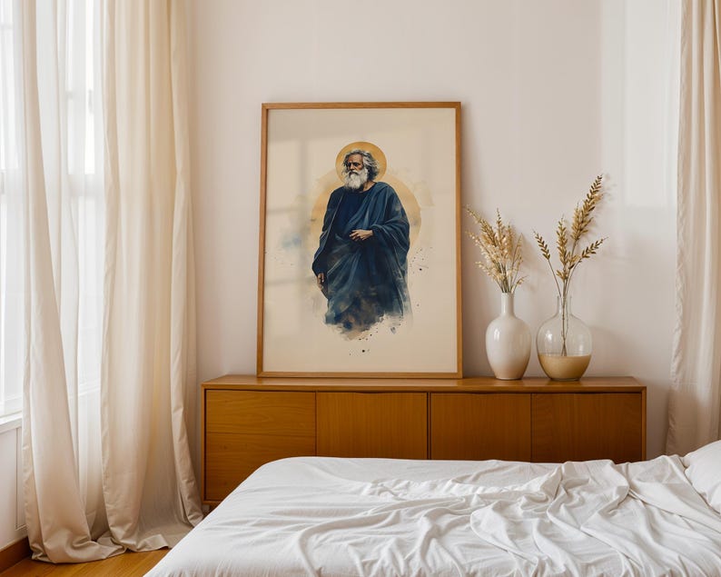 May include: A framed wall art print featuring a watercolor-style illustration of an elderly person with a long white beard and hair, wearing a dark blue robe. A golden circular halo is positioned behind the head against a light beige background.
