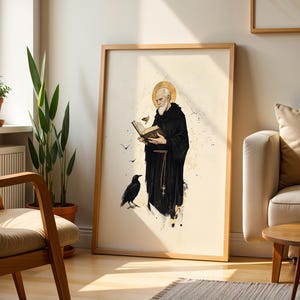 Afdrukbare kunst Sint-Benedictus van Nursia | Modern aquarel katholiek muurdecor afbeelding 5