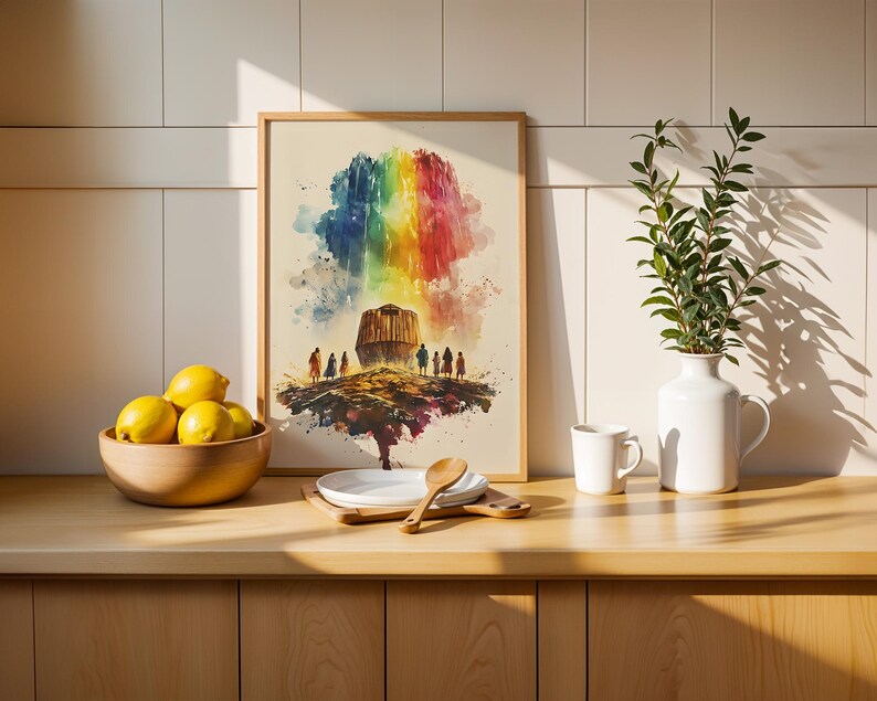 Poster incorniciato "L'Alleanza dell'Arcobaleno con Noè" / Opera d'arte religiosa moderna ad acquerello da parete immagine 3