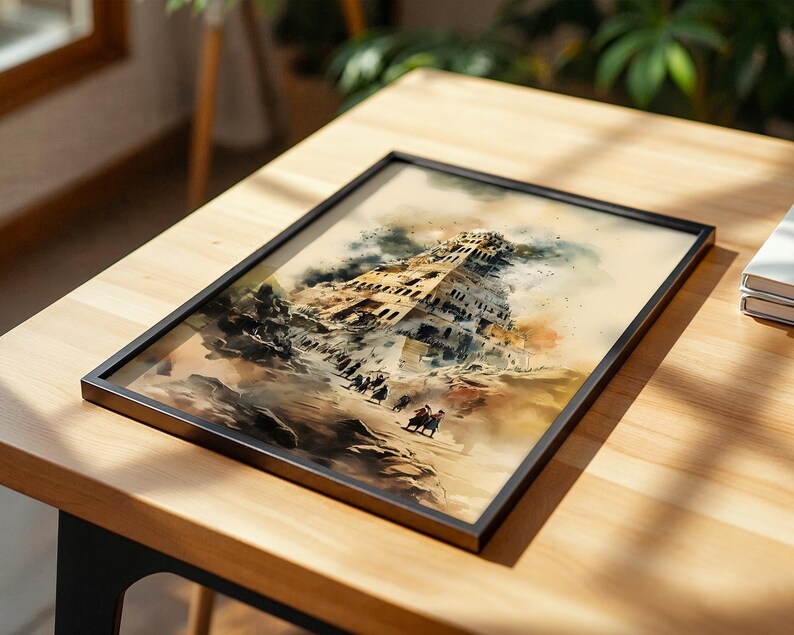 Op de afbeelding: Een ingelijste rechthoekige print met een aquarelillustratie van een torenhoog, meerlagig antiek bouwwerk met verweerde steentexturen, donkere rook en kleine figuren die over een pad lopen in een woestijnlandschap met gedempte aardetinten.