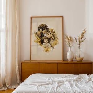 May include: A framed vertical wall art print featuring a sepia-toned watercolor illustration of a family of three. The artwork depicts a bearded parent and a parent with a head covering embracing a small child in a tender, close-knit composition.