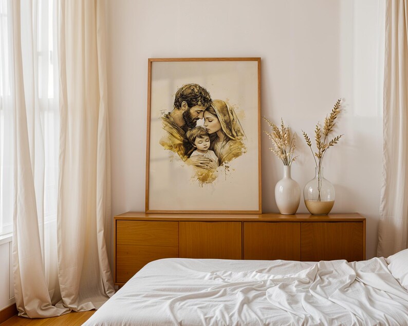 May include: A framed vertical wall art print featuring a sepia-toned watercolor illustration of a family of three. The artwork depicts a bearded parent and a parent with a head covering embracing a small child in a tender, close-knit composition.