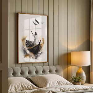 May include: A framed wall art print featuring a watercolour-style illustration of a figure in a white robe standing in a dark wooden boat with a group of people, surrounded by swirling golden and dark waves, with birds flying in the sky above.