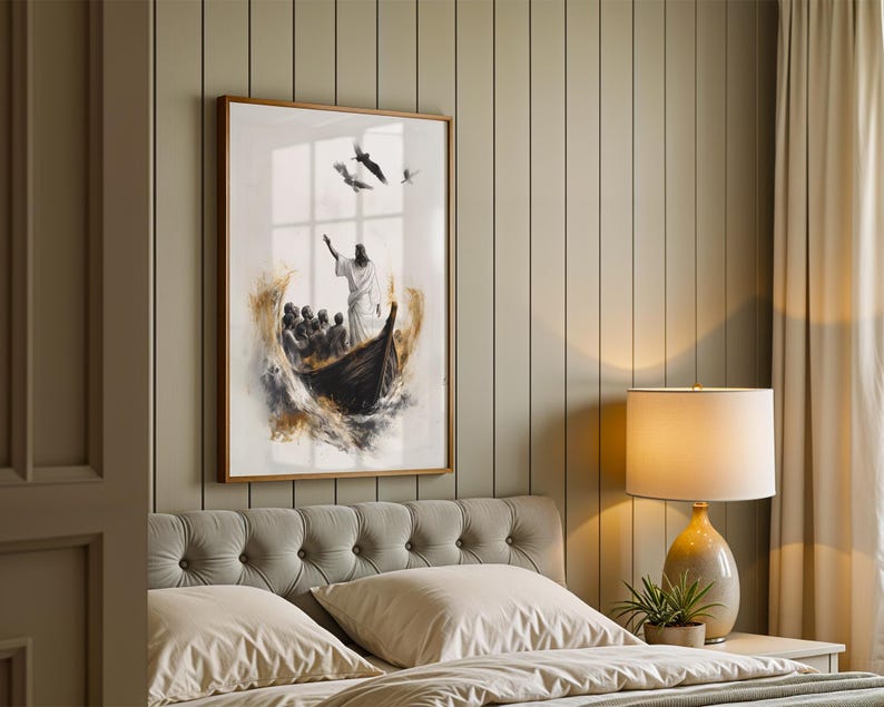 May include: A framed wall art print featuring a watercolour-style illustration of a figure in a white robe standing in a dark wooden boat with a group of people, surrounded by swirling golden and dark waves, with birds flying in the sky above.