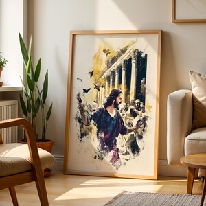 Puede incluir: Una l&aacute;mina de arte vertical enmarcada que presenta una ilustraci&oacute;n al estilo acuarela de una figura barbuda con t&uacute;nica oscura que se&ntilde;ala hacia una columnata cl&aacute;sica con pilares altos. Varias aves vuelan sobre un fondo amarillo y blanco.