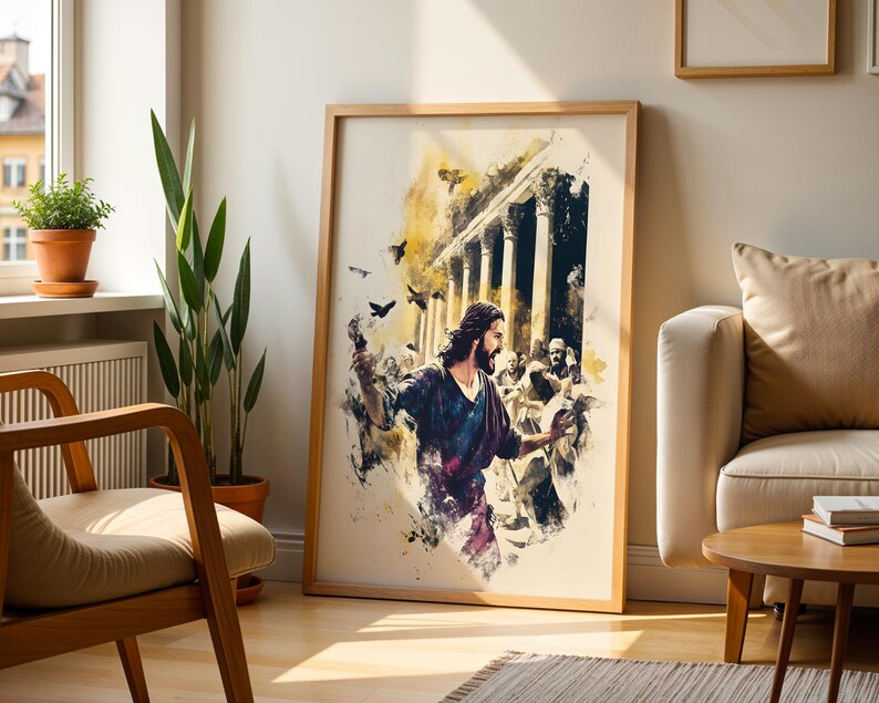 Puede incluir: Una l&aacute;mina de arte vertical enmarcada que presenta una ilustraci&oacute;n al estilo acuarela de una figura barbuda con t&uacute;nica oscura que se&ntilde;ala hacia una columnata cl&aacute;sica con pilares altos. Varias aves vuelan sobre un fondo amarillo y blanco.