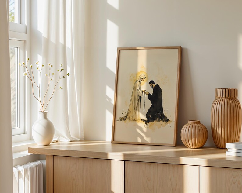 Notre-Dame remet le chapelet à saint Dominique - Illustration à imprimer | Décoration murale minimaliste catholique à l'aquarelle image 4