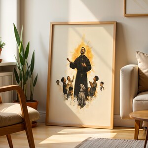 May include: A framed wall art print featuring a central figure in a dark robe with a cross necklace, surrounded by several children and a dog, set against a soft yellow watercolor-style background with a radiant light effect behind the figure.