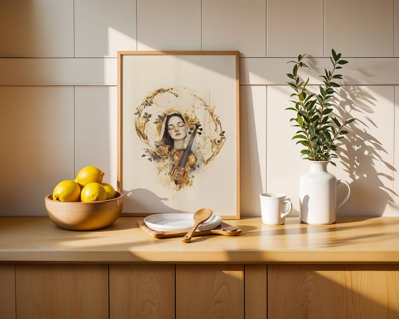 K&ouml;nnte beinhalten: Ein gerahmter Kunstdruck mit einer Aquarellillustration einer Person mit geschlossenen Augen, die eine Geige h&auml;lt, umgeben von goldenen Blumenakzenten. Der Druck steht auf einer Theke neben einer Holzschale mit Zitronen und einer wei&szlig;en Vase.