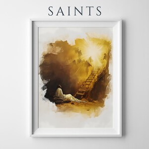 Inramad poster med Jakobs stege | Modern kristen väggkonst | Minimalistisk religiös heminredning bild 1