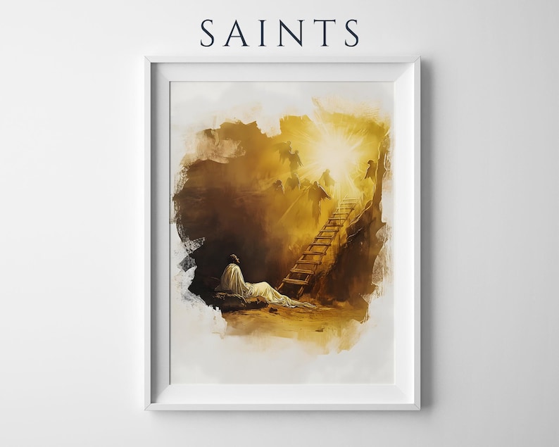 Inramad poster med Jakobs stege | Modern kristen väggkonst | Minimalistisk religiös heminredning bild 1